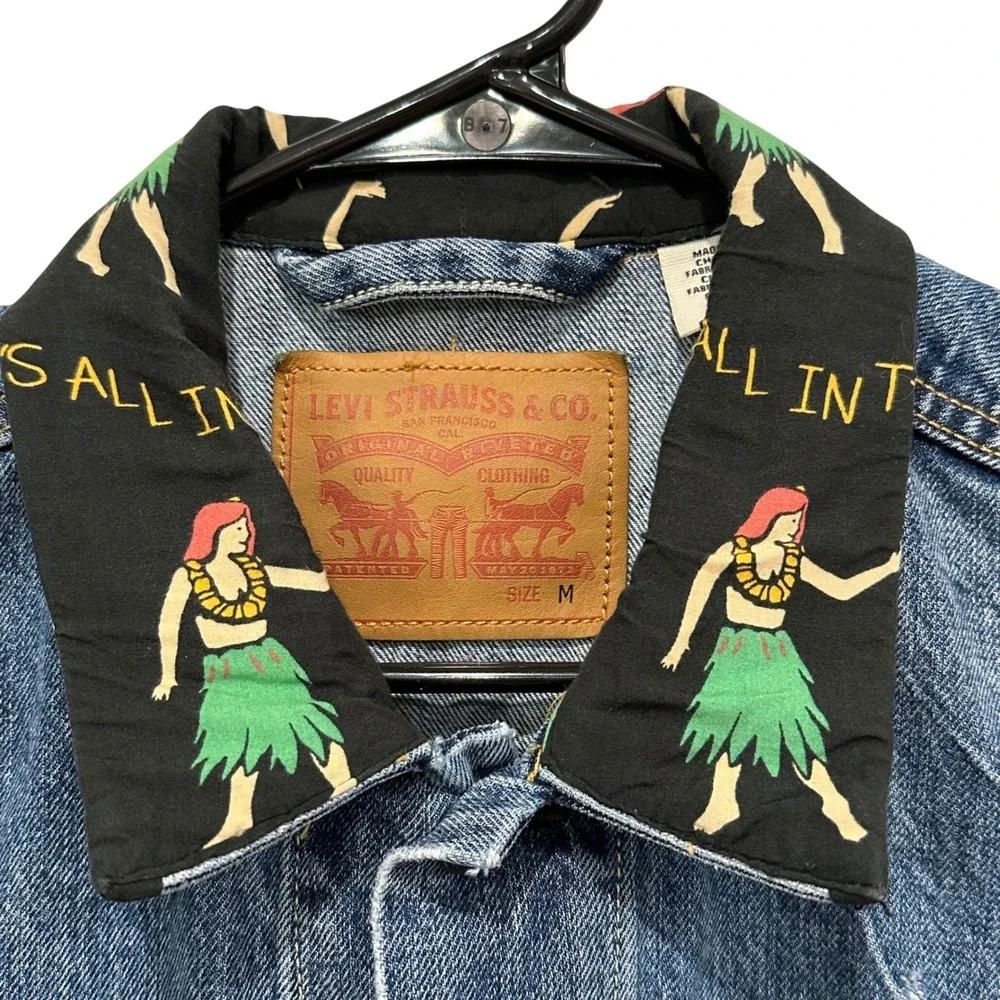 Levi‎ Strauss Co Mens Denim Trucker Jacket Hawaiian Hula Dancer Collar Size M
